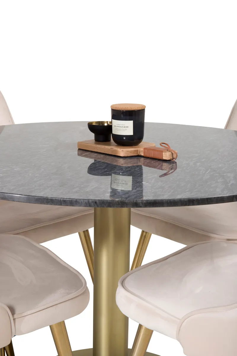 Estelle & Velvet Deluxe Essgruppe mit rundem Marmortisch und 4 Polsterstühlen in Dunkelgrau, Gestell Gold, Beige, Gestell Messing gebürstet, Ansicht 3