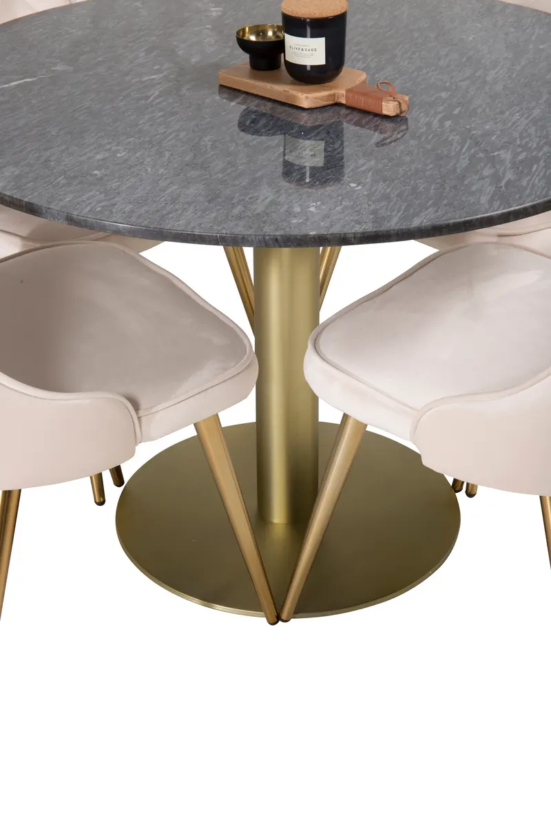Estelle & Velvet Deluxe Essgruppe mit rundem Marmortisch und 4 Polsterstühlen in Dunkelgrau, Gestell Gold, Beige, Gestell Messing gebürstet, Ansicht 4