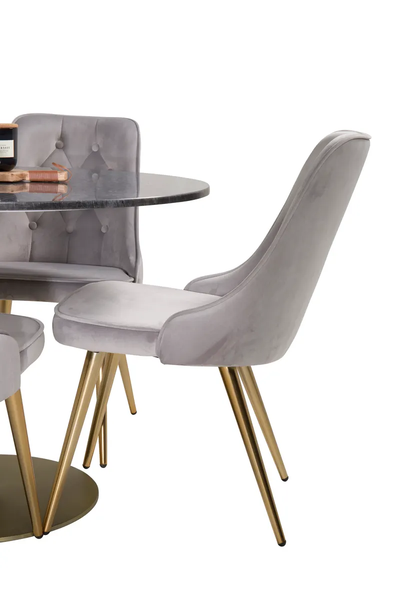 Estelle & Velvet Deluxe Essgruppe mit rundem Marmortisch und 4 Polsterstühlen in Dunkelgrau, Gestell Gold, Hellgrau, Gestell Messing gebürstet, Ansicht 2