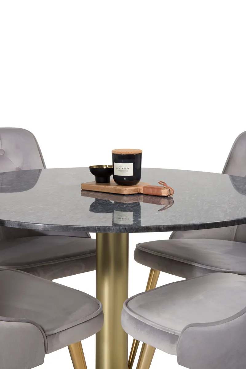Estelle & Velvet Deluxe Essgruppe mit rundem Marmortisch und 4 Polsterstühlen in Dunkelgrau, Gestell Gold, Hellgrau, Gestell Messing gebürstet, Ansicht 3