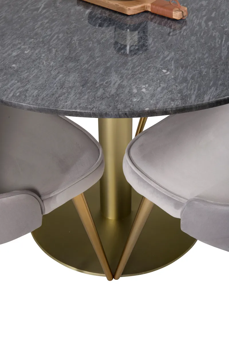 Estelle & Velvet Deluxe Essgruppe mit rundem Marmortisch und 4 Polsterstühlen in Dunkelgrau, Gestell Gold, Hellgrau, Gestell Messing gebürstet, Ansicht 4