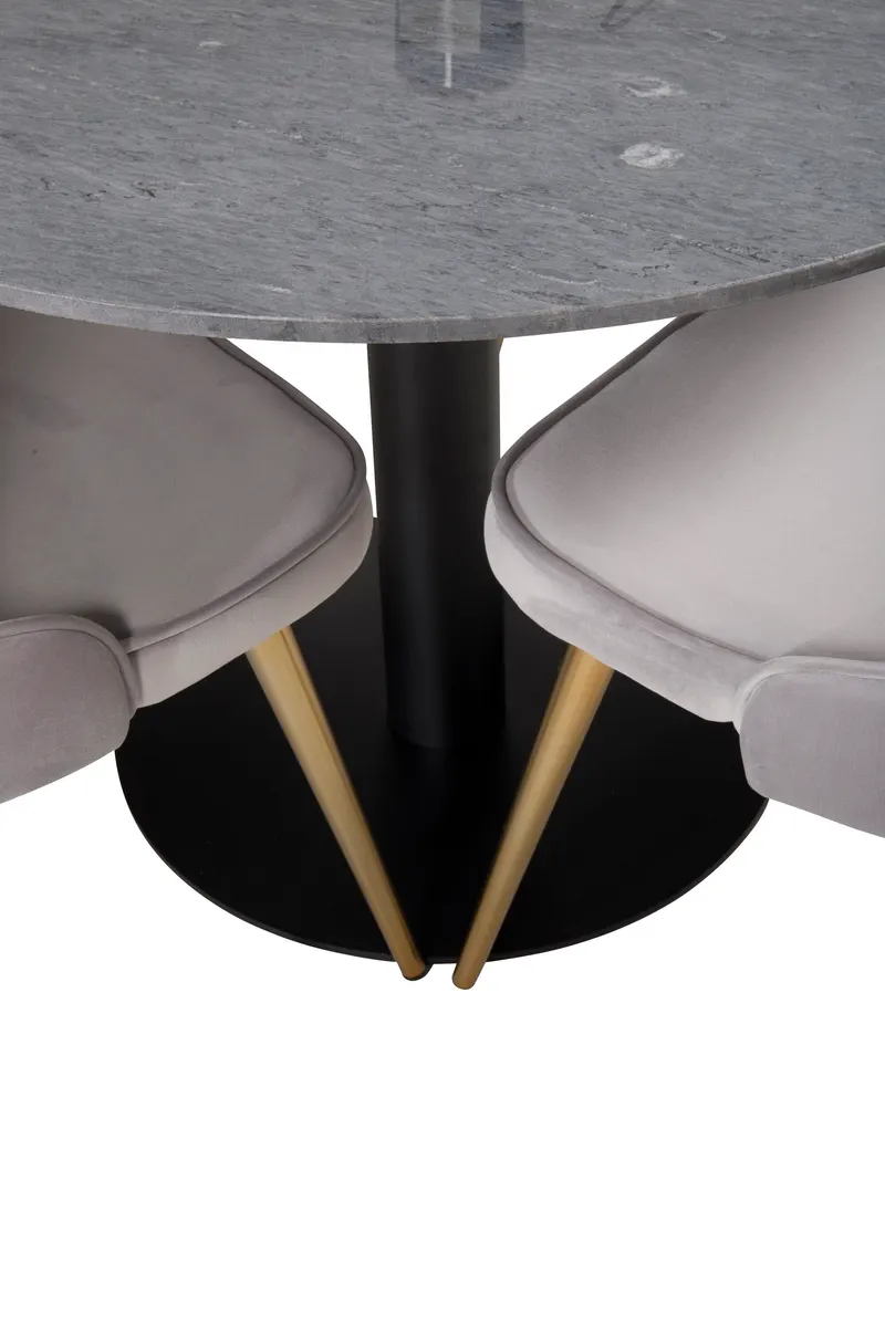 Estelle & Velvet Deluxe Essgruppe mit rundem Marmortisch und 4 Polsterstühlen in Dunkelgrau, Gestell Schwarz, Hellgrau, Gestell Messing gebürstet, Ansicht 2