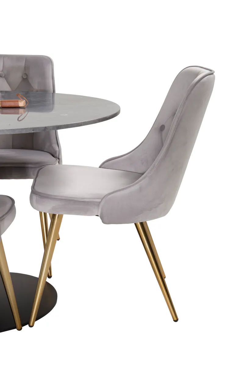 Estelle & Velvet Deluxe Essgruppe mit rundem Marmortisch und 4 Polsterstühlen in Dunkelgrau, Gestell Schwarz, Hellgrau, Gestell Messing gebürstet, Ansicht 4
