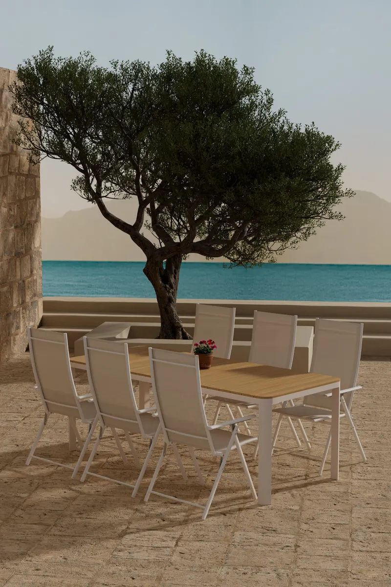 Etna & Levanzo Gartenmöbel-Set mit Tisch in Natur und 6 Klappstühlen, im Wohnraum, Ansicht 1