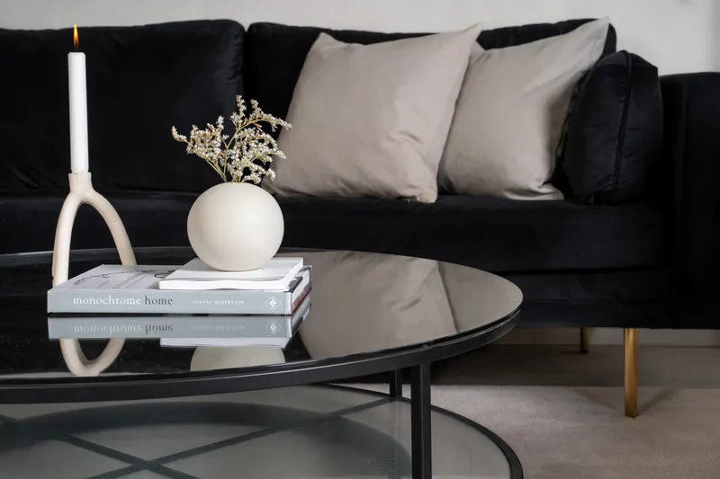 Falsterbo runder Couchtisch aus Glas, im Wohnraum, Ansicht 4