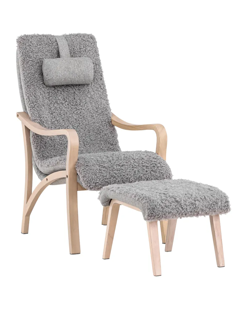 Fårö Loungesessel mit Fußhocker, Nackenkissen und Sperrholzbeinen, Hellgrau, Gestell Whitewash