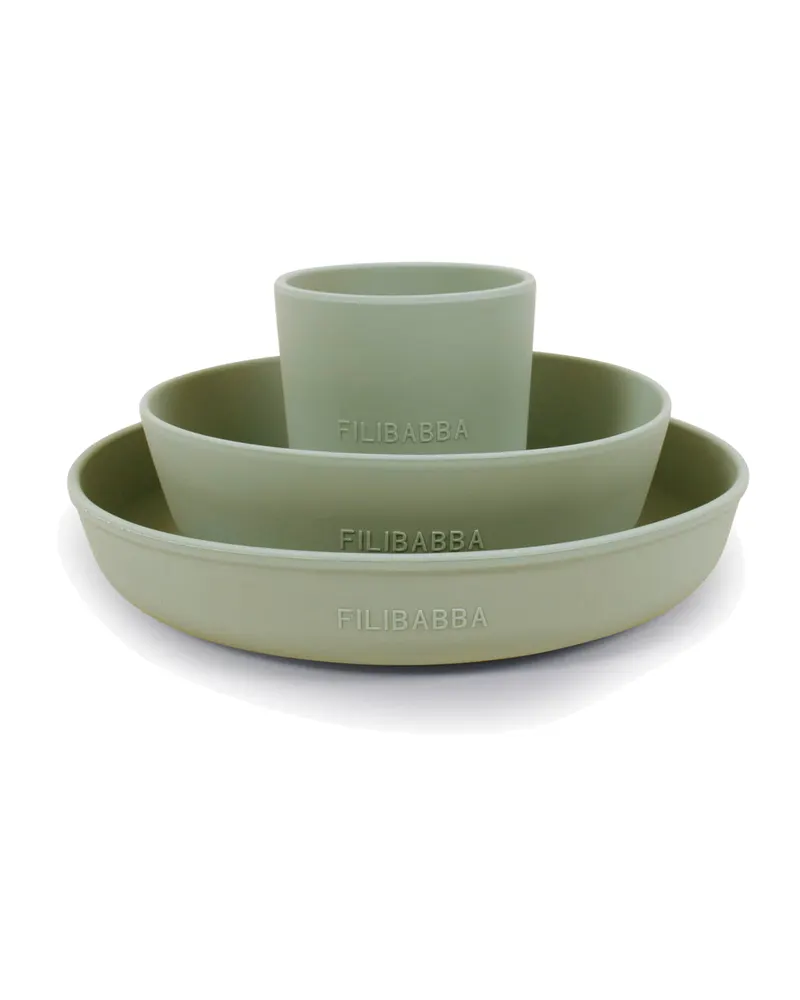 FILIBABBA Kindergeschirrset aus Silikon mit Becher, Schale und Teller, Grün, Höhe 9 cm; Breite 19 cm; Länge 19 cm, Ansicht 1