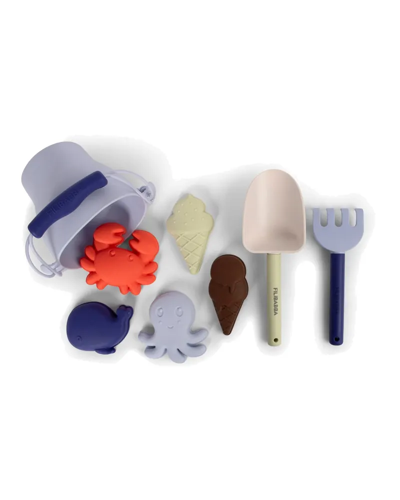 FILIBABBA Silikon-Strandspielset mit Schaufel, Rechen und Förmchen, Blue Mix, Ansicht 2