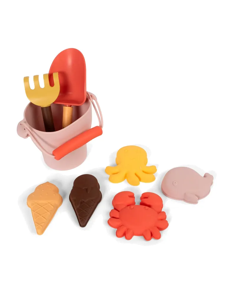 Silikon-Strandspielset mit Schaufel, Rechen und Förmchen, Peach Mix