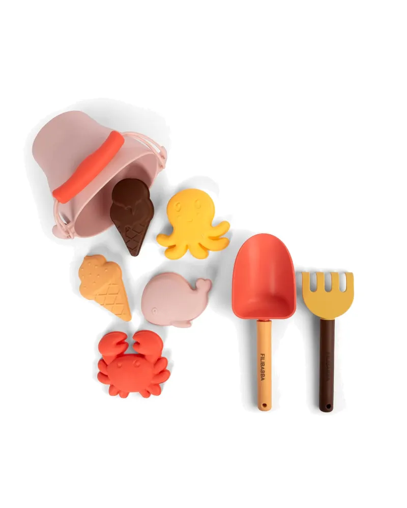 FILIBABBA Silikon-Strandspielset mit Schaufel, Rechen und Förmchen, Peach Mix, Ansicht 3