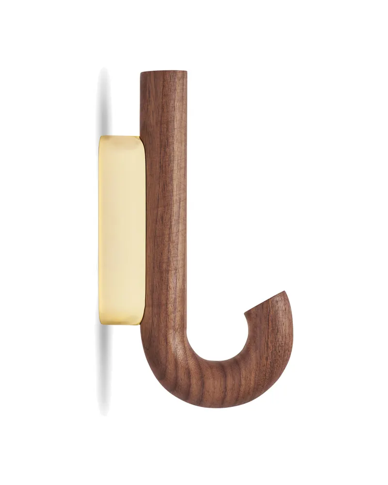 Wandhaken Hook Mini aus Walnussholz mit Metallbeschlag, Walnussfarben, messingfarben