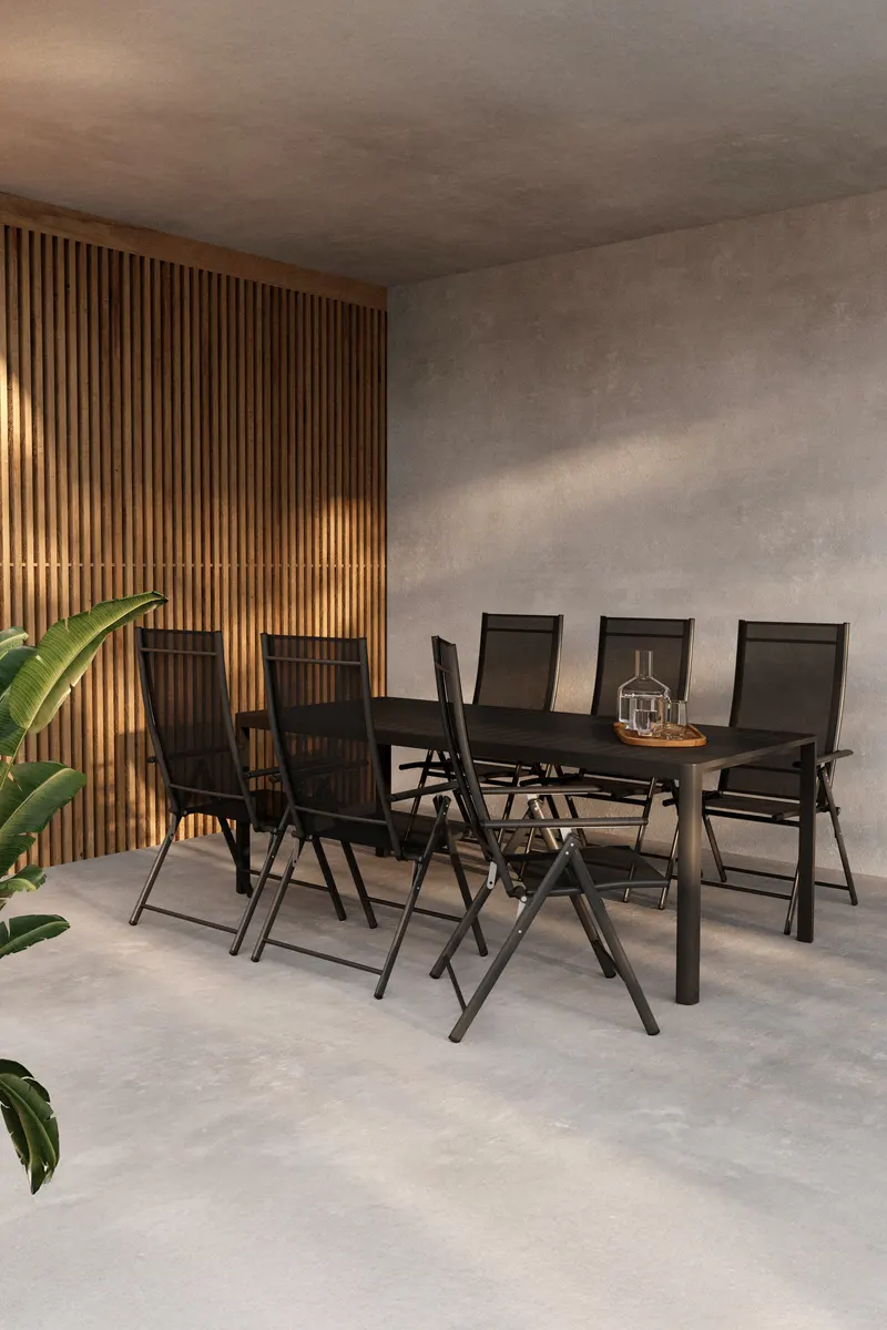 Giardini & Levanzo Gartenmöbel-Set 200 × 90 cm, 6 Klappstühle, Schwarz