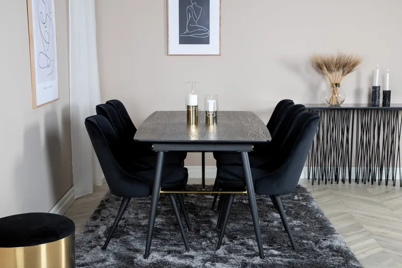 Gold & Velvet Deluxe Essgruppe mit ausziehbarem Esstisch und 6 Samtstühlen mit Knopfheftung in Schwarz, im Wohnraum, Ansicht 1