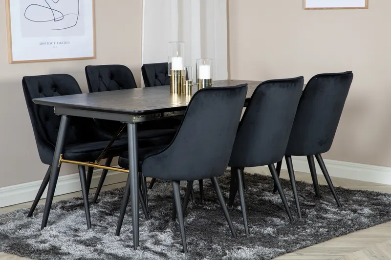 Gold & Velvet Deluxe Essgruppe mit ausziehbarem Esstisch und 6 Samtstühlen mit Knopfheftung in Schwarz, im Wohnraum, Ansicht 2