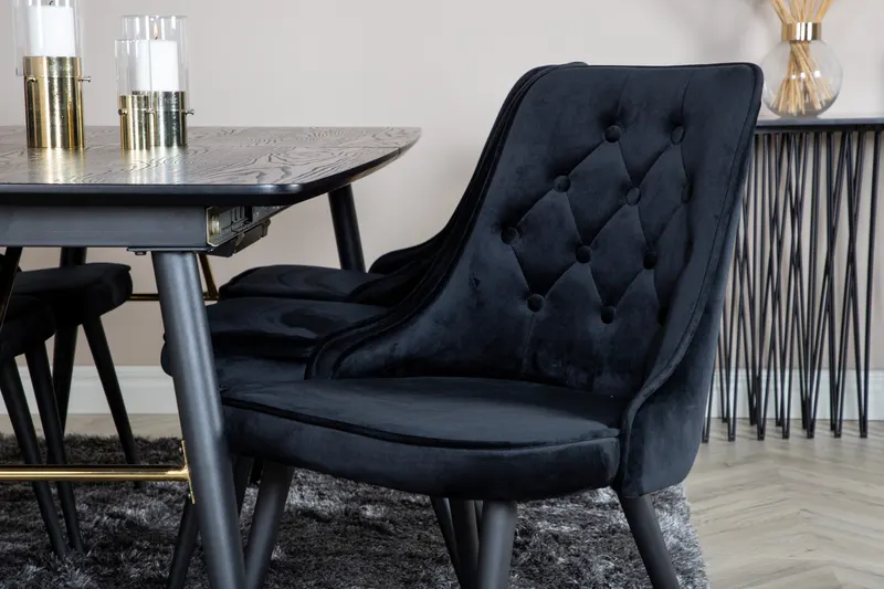 Gold & Velvet Deluxe Essgruppe mit ausziehbarem Esstisch und 6 Samtstühlen mit Knopfheftung in Schwarz, im Wohnraum, Ansicht 3