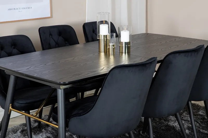Gold & Velvet Deluxe Essgruppe mit ausziehbarem Esstisch und 6 Samtstühlen mit Knopfheftung in Schwarz, im Wohnraum, Ansicht 4