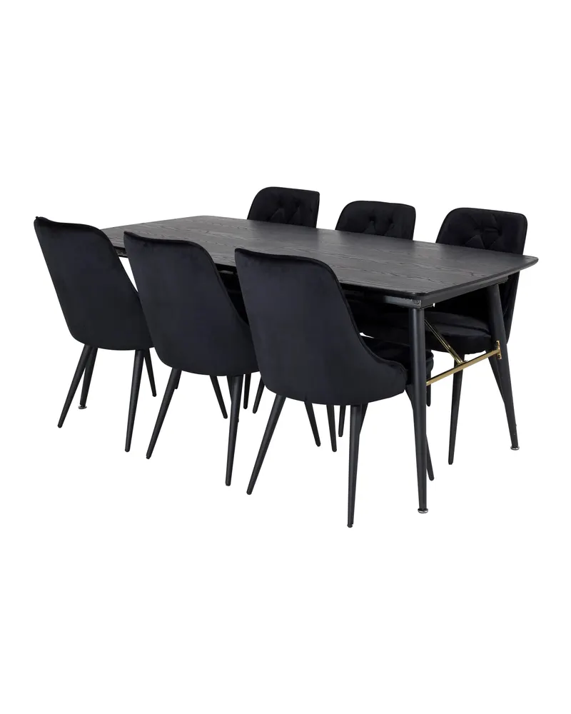 Gold & Velvet Deluxe Essgruppe mit ausziehbarem Esstisch und 6 Samtstühlen mit Knopfheftung in Schwarz, Ansicht 2