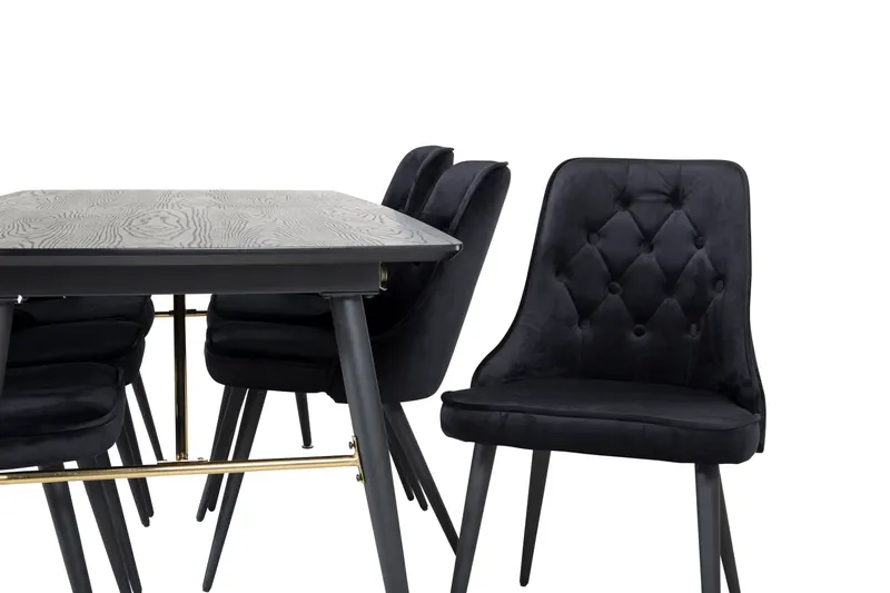 Gold & Velvet Deluxe Essgruppe mit ausziehbarem Esstisch und 6 Samtstühlen mit Knopfheftung in Schwarz, Ansicht 3