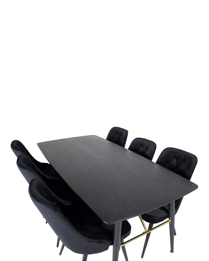 Gold & Velvet Deluxe Essgruppe mit ausziehbarem Esstisch und 6 Samtstühlen mit Knopfheftung in Schwarz, Ansicht 4