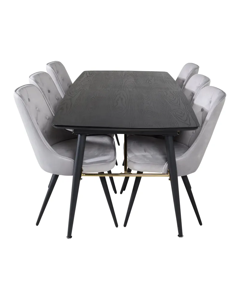 Gold & Velvet Deluxe Essgruppe: Esstisch mit Stühlen und Knopfheftung, Schwarz, Hellgrau