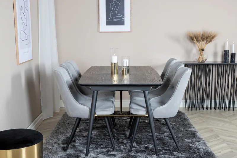 Gold & Velvet Deluxe Essgruppe mit ausziehbarem Esstisch und 6 Samtstühlen mit Knopfheftung in Hellgrau, Gestell Schwarz, im Wohnraum, Ansicht 1