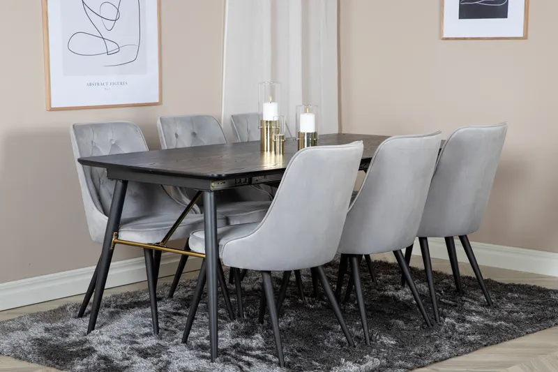 Gold & Velvet Deluxe Essgruppe mit ausziehbarem Esstisch und 6 Samtstühlen mit Knopfheftung in Hellgrau, Gestell Schwarz, im Wohnraum, Ansicht 2