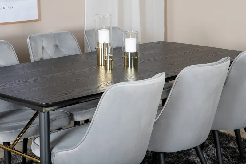 Gold & Velvet Deluxe Essgruppe mit ausziehbarem Esstisch und 6 Samtstühlen mit Knopfheftung in Hellgrau, Gestell Schwarz, im Wohnraum, Ansicht 4