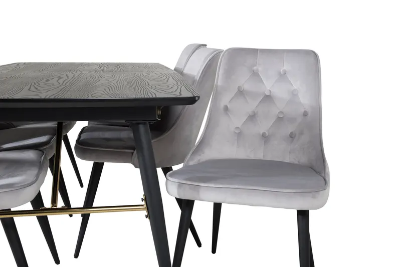 Gold & Velvet Deluxe Essgruppe mit ausziehbarem Esstisch und 6 Samtstühlen mit Knopfheftung in Hellgrau, Gestell Schwarz, Ansicht 3