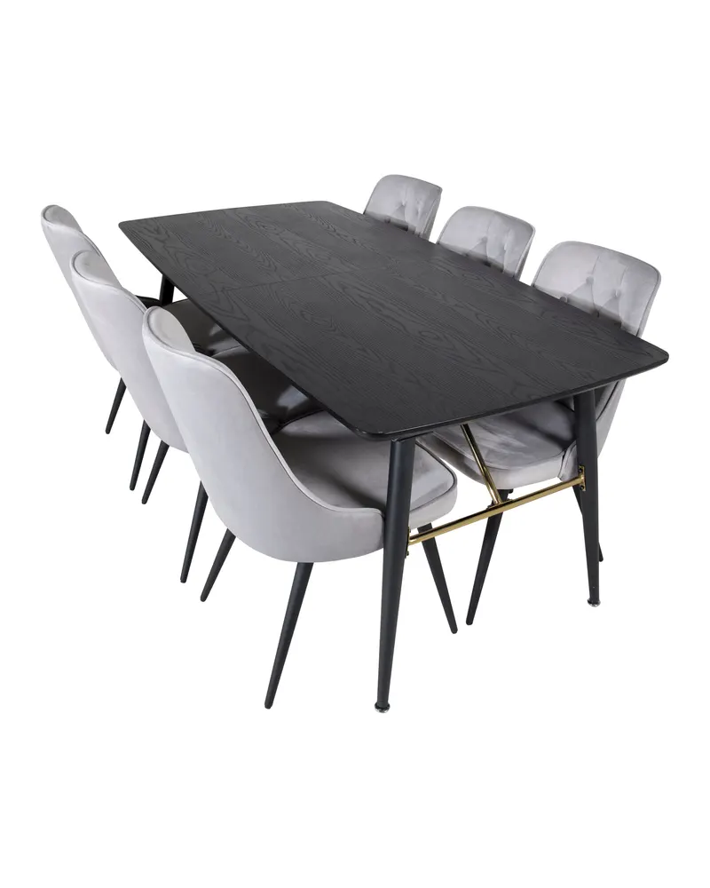 Gold & Velvet Deluxe Essgruppe mit ausziehbarem Esstisch und 6 Samtstühlen mit Knopfheftung in Hellgrau, Gestell Schwarz, Ansicht 4