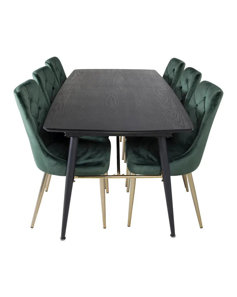 Gold & Velvet Deluxe Essgruppe mit ausziehbarem Esstisch und 6 Samtstühlen mit Knopfheftung in Grün, Gestell Gold, Ansicht 1