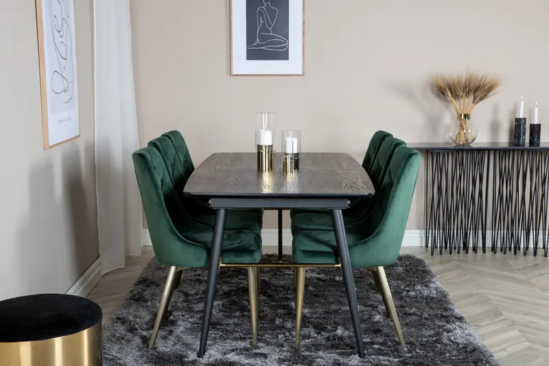 Gold & Velvet Deluxe Essgruppe mit ausziehbarem Esstisch und 6 Samtstühlen mit Knopfheftung in Grün, Gestell Gold, im Wohnraum, Ansicht 1