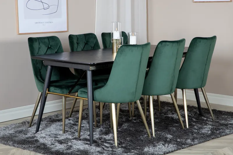 Gold & Velvet Deluxe Essgruppe mit ausziehbarem Esstisch und 6 Samtstühlen mit Knopfheftung in Grün, Gestell Gold, im Wohnraum, Ansicht 2
