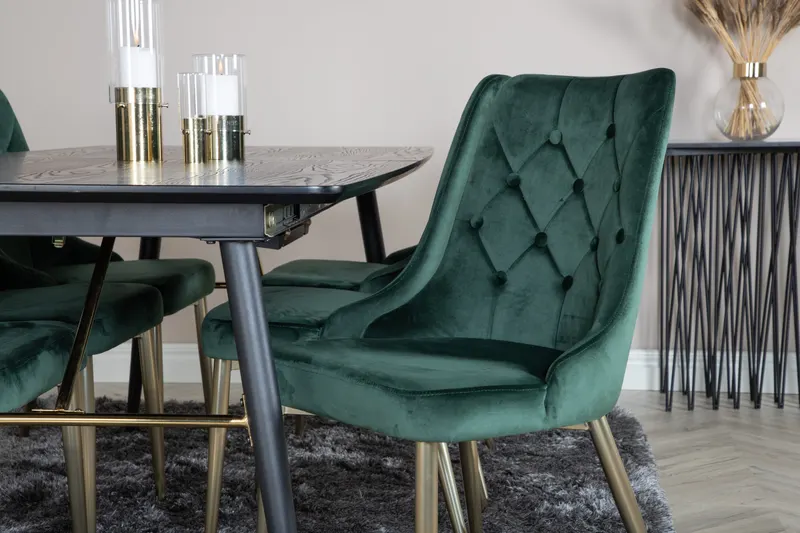 Gold & Velvet Deluxe Essgruppe mit ausziehbarem Esstisch und 6 Samtstühlen mit Knopfheftung in Grün, Gestell Gold, im Wohnraum, Ansicht 3