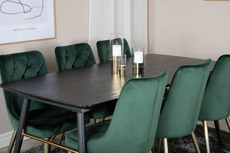 Gold & Velvet Deluxe Essgruppe mit ausziehbarem Esstisch und 6 Samtstühlen mit Knopfheftung in Grün, Gestell Gold, im Wohnraum, Ansicht 4