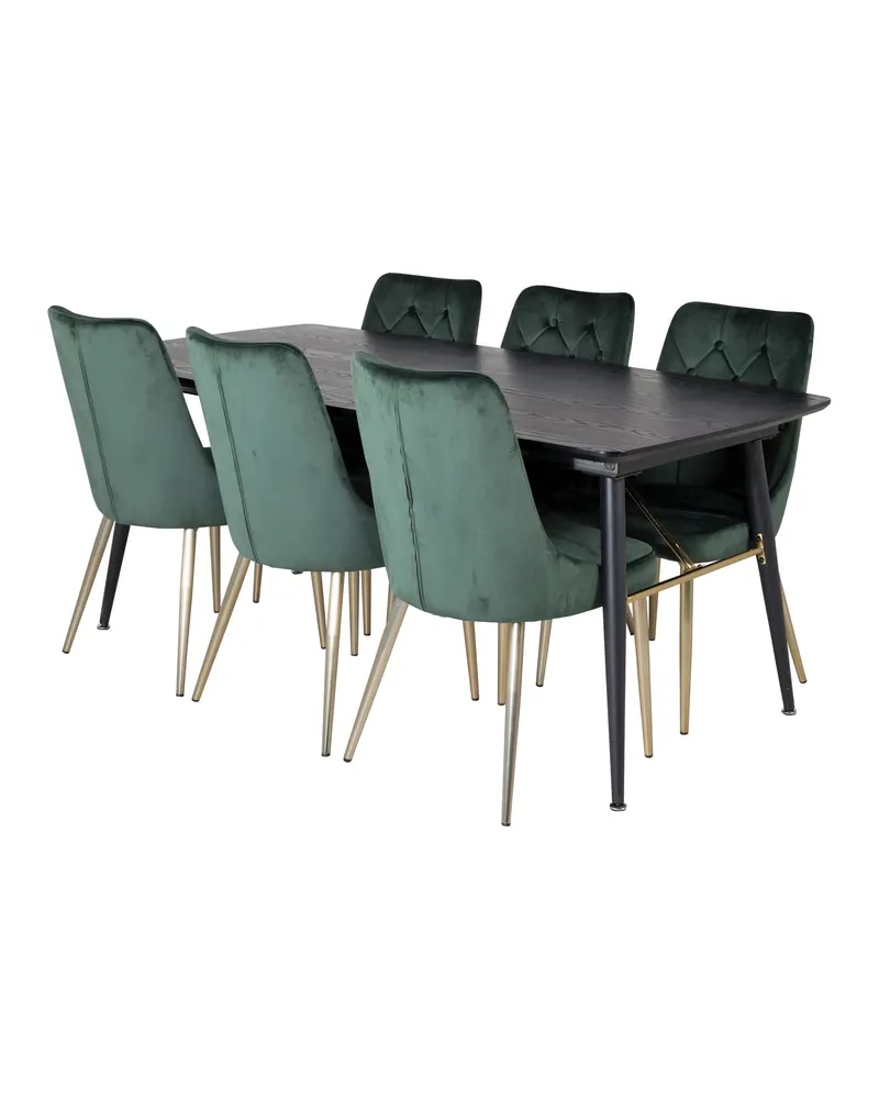 Gold & Velvet Deluxe Essgruppe mit ausziehbarem Esstisch und 6 Samtstühlen mit Knopfheftung in Grün, Gestell Gold, Ansicht 2