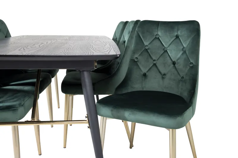 Gold & Velvet Deluxe Essgruppe mit ausziehbarem Esstisch und 6 Samtstühlen mit Knopfheftung in Grün, Gestell Gold, Ansicht 3