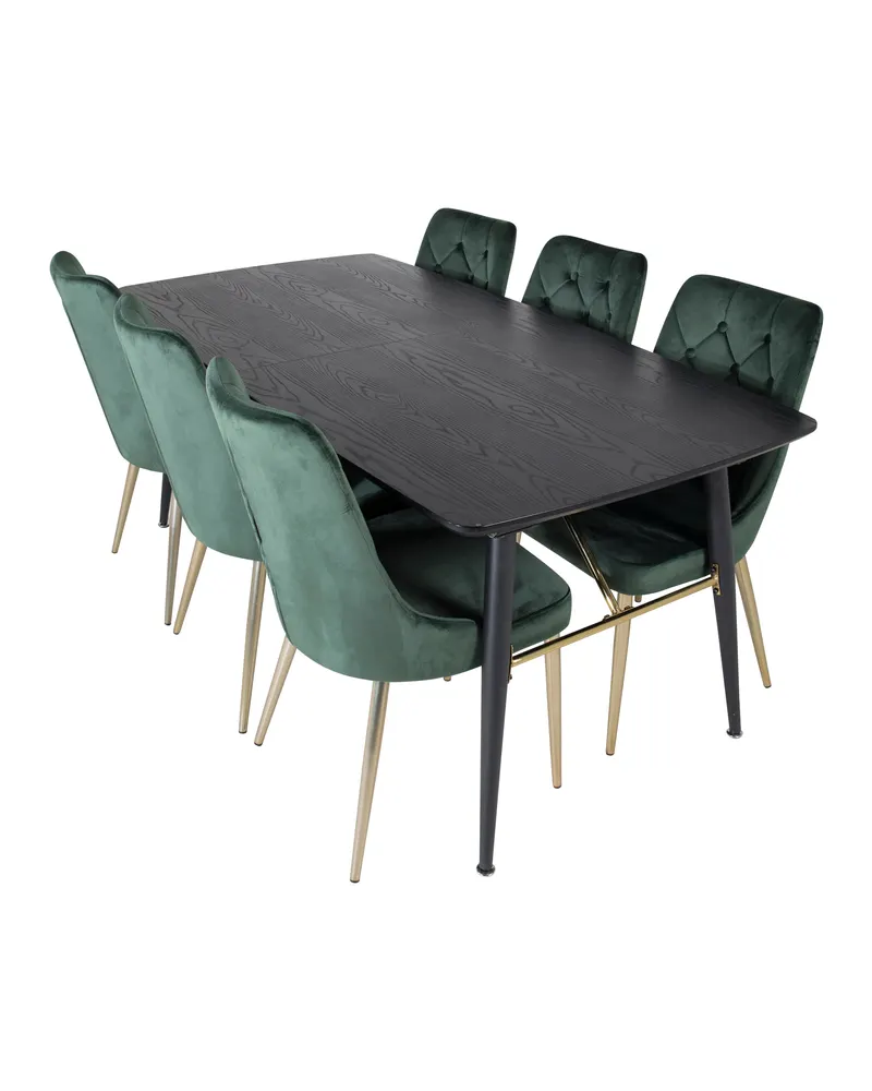 Gold & Velvet Deluxe Essgruppe mit ausziehbarem Esstisch und 6 Samtstühlen mit Knopfheftung in Grün, Gestell Gold, Ansicht 4