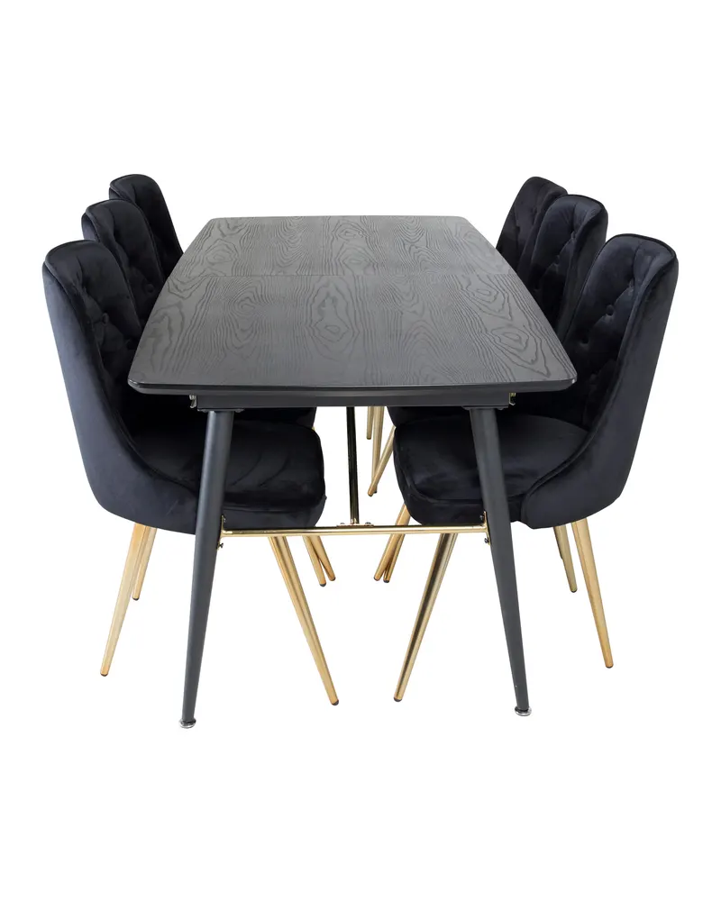 Gold & Velvet Deluxe Essgruppe mit ausziehbarem Esstisch und 6 Samtstühlen mit Knopfheftung in Schwarz, Gestell Gold, Ansicht 1