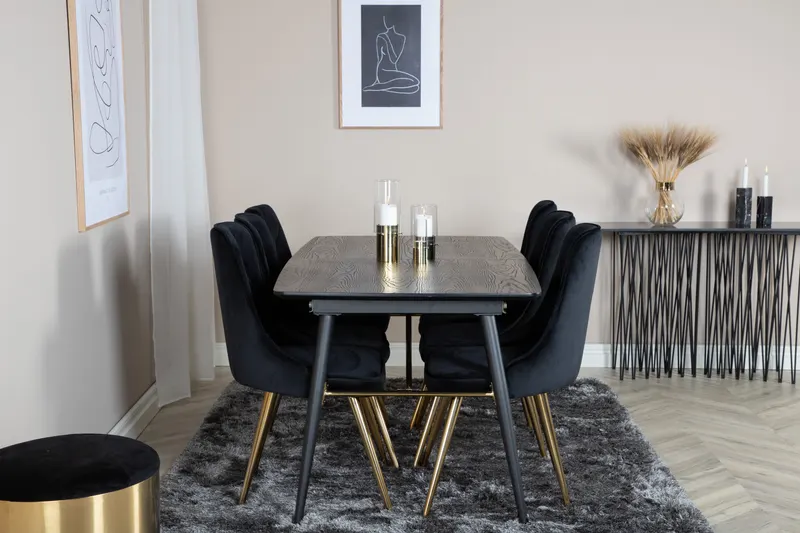 Gold & Velvet Deluxe Essgruppe mit ausziehbarem Esstisch und 6 Samtstühlen mit Knopfheftung in Schwarz, Gestell Gold, im Wohnraum, Ansicht 1