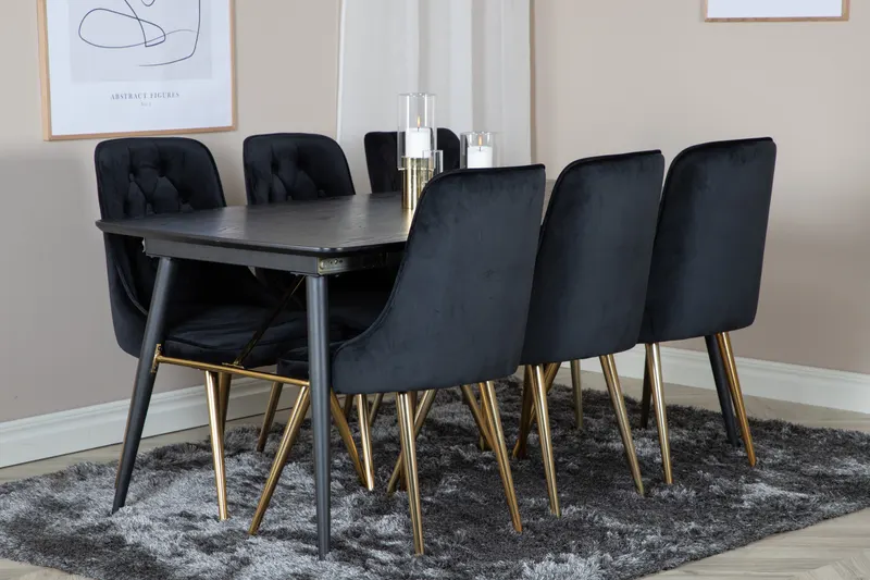 Gold & Velvet Deluxe Essgruppe mit ausziehbarem Esstisch und 6 Samtstühlen mit Knopfheftung in Schwarz, Gestell Gold, im Wohnraum, Ansicht 2