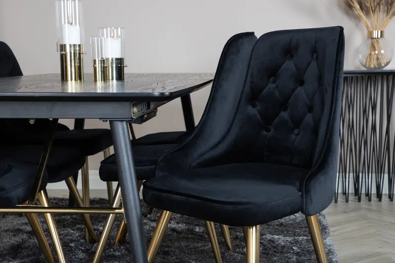 Gold & Velvet Deluxe Essgruppe mit ausziehbarem Esstisch und 6 Samtstühlen mit Knopfheftung in Schwarz, Gestell Gold, im Wohnraum, Ansicht 3