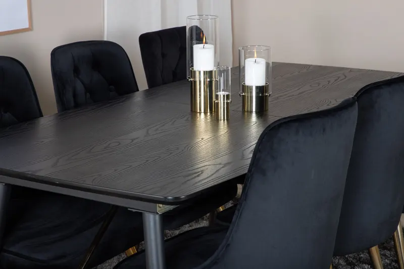 Gold & Velvet Deluxe Essgruppe mit ausziehbarem Esstisch und 6 Samtstühlen mit Knopfheftung in Schwarz, Gestell Gold, im Wohnraum, Ansicht 4