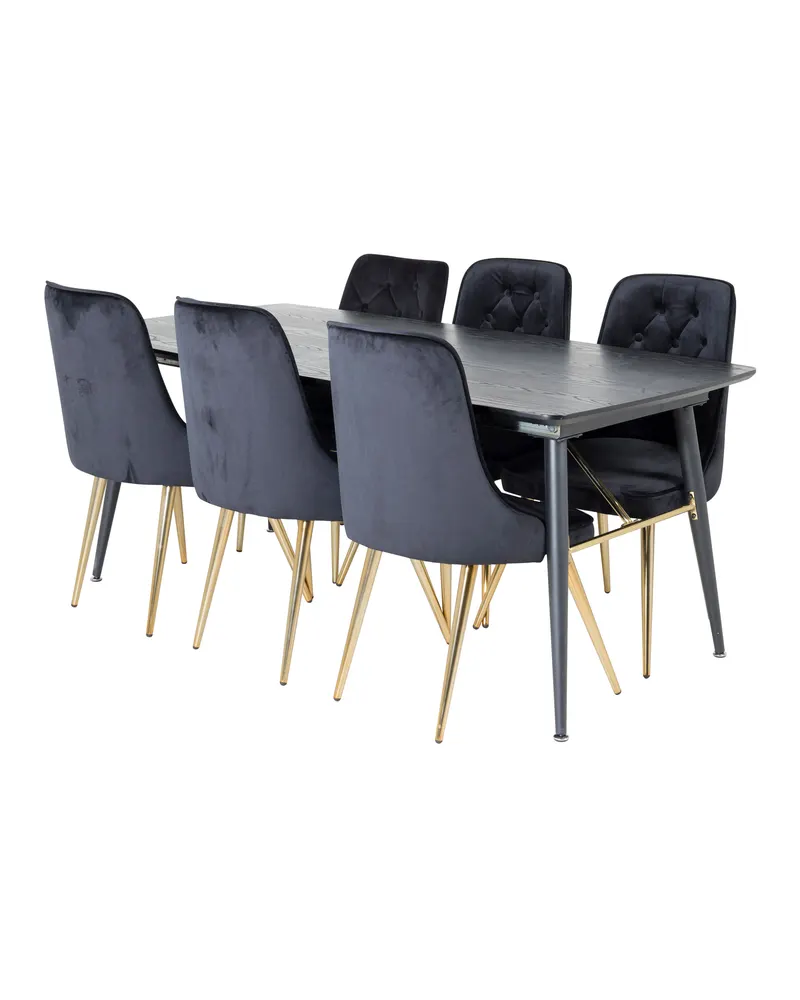 Gold & Velvet Deluxe Essgruppe mit ausziehbarem Esstisch und 6 Samtstühlen mit Knopfheftung in Schwarz, Gestell Gold, Ansicht 2