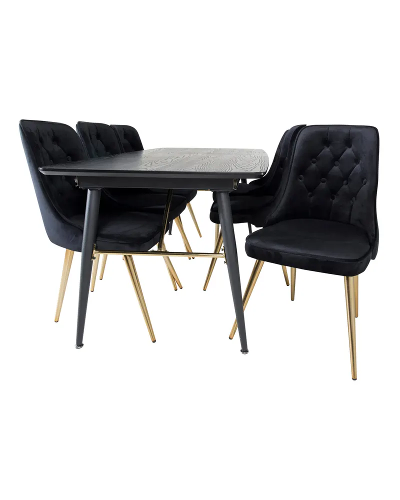 Gold & Velvet Deluxe Essgruppe mit ausziehbarem Esstisch und 6 Samtstühlen mit Knopfheftung in Schwarz, Gestell Gold, Ansicht 3