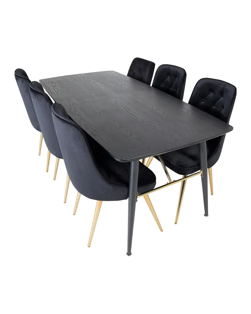 Gold & Velvet Deluxe Essgruppe mit ausziehbarem Esstisch und 6 Samtstühlen mit Knopfheftung in Schwarz, Gestell Gold, Ansicht 4