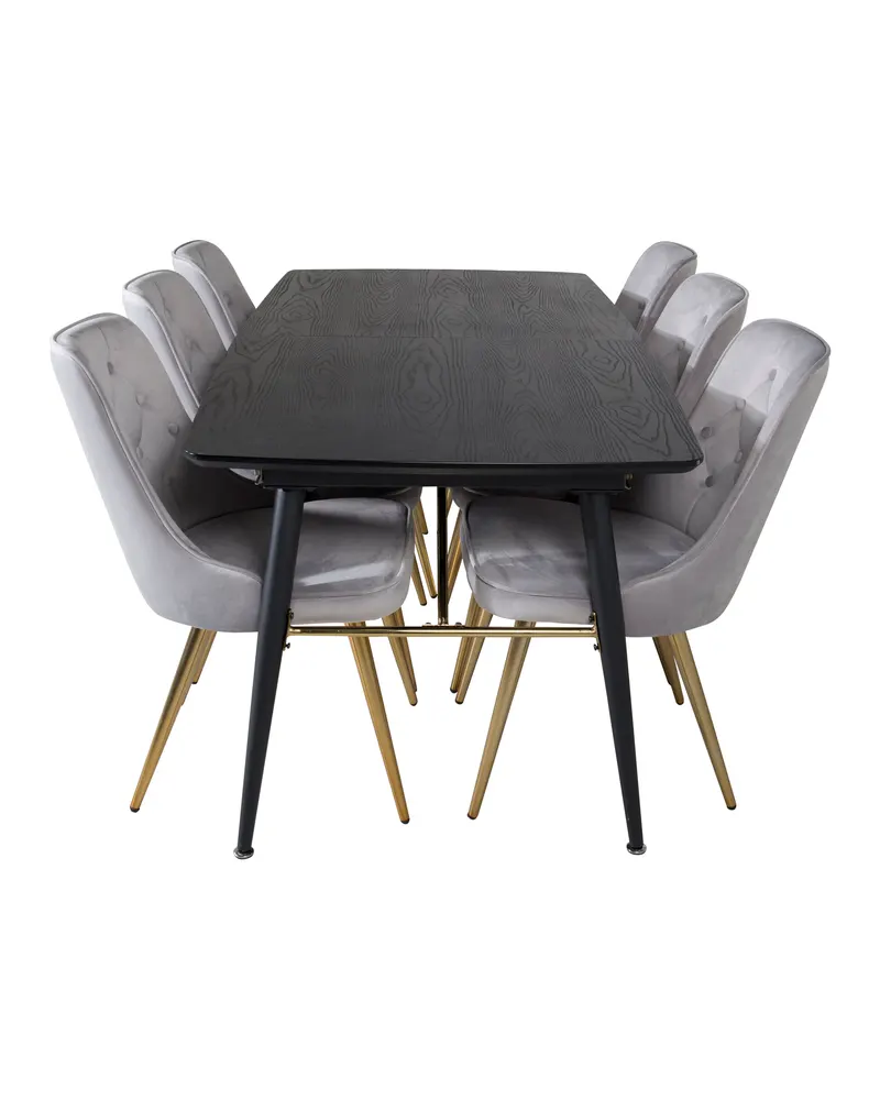 Gold & Velvet Deluxe Essgruppe mit ausziehbarem Esstisch und 6 Samtstühlen mit Knopfheftung in Hellgrau, Gestell Messing gebürstet, Ansicht 1