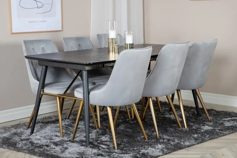 Gold & Velvet Deluxe Essgruppe mit ausziehbarem Esstisch und 6 Samtstühlen mit Knopfheftung in Hellgrau, Gestell Messing gebürstet, im Wohnraum, Ansicht 2