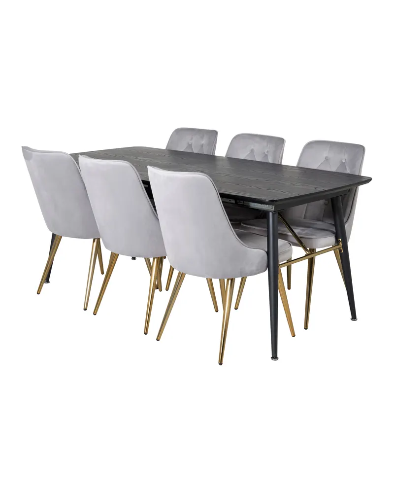 Gold & Velvet Deluxe Essgruppe mit ausziehbarem Esstisch und 6 Samtstühlen mit Knopfheftung in Hellgrau, Gestell Messing gebürstet, Ansicht 2