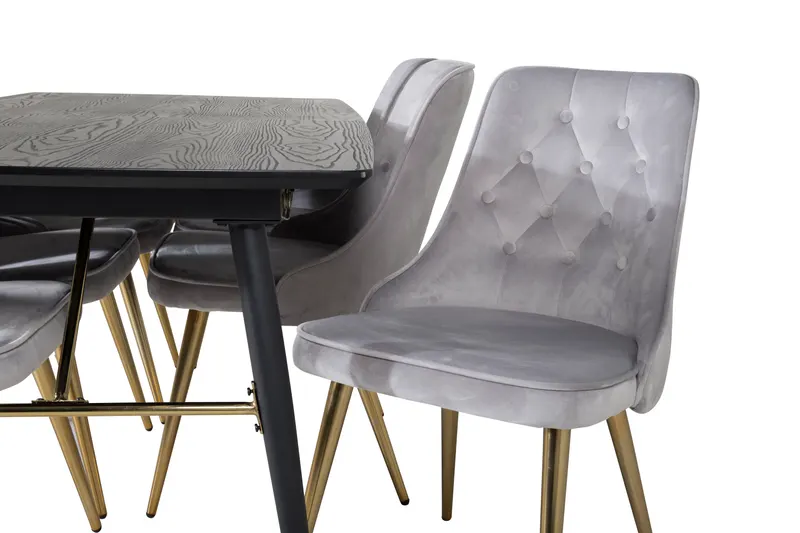 Gold & Velvet Deluxe Essgruppe mit ausziehbarem Esstisch und 6 Samtstühlen mit Knopfheftung in Hellgrau, Gestell Messing gebürstet, Ansicht 3