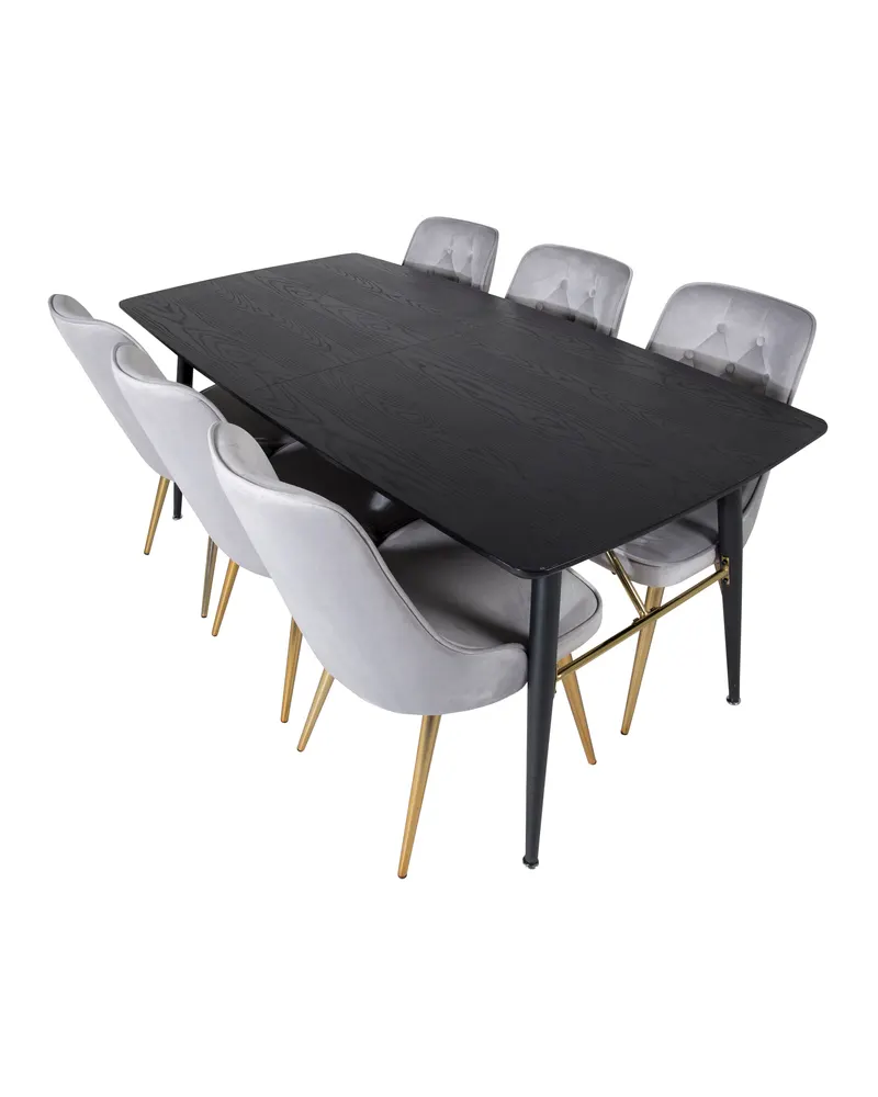 Gold & Velvet Deluxe Essgruppe mit ausziehbarem Esstisch und 6 Samtstühlen mit Knopfheftung in Hellgrau, Gestell Messing gebürstet, Ansicht 4